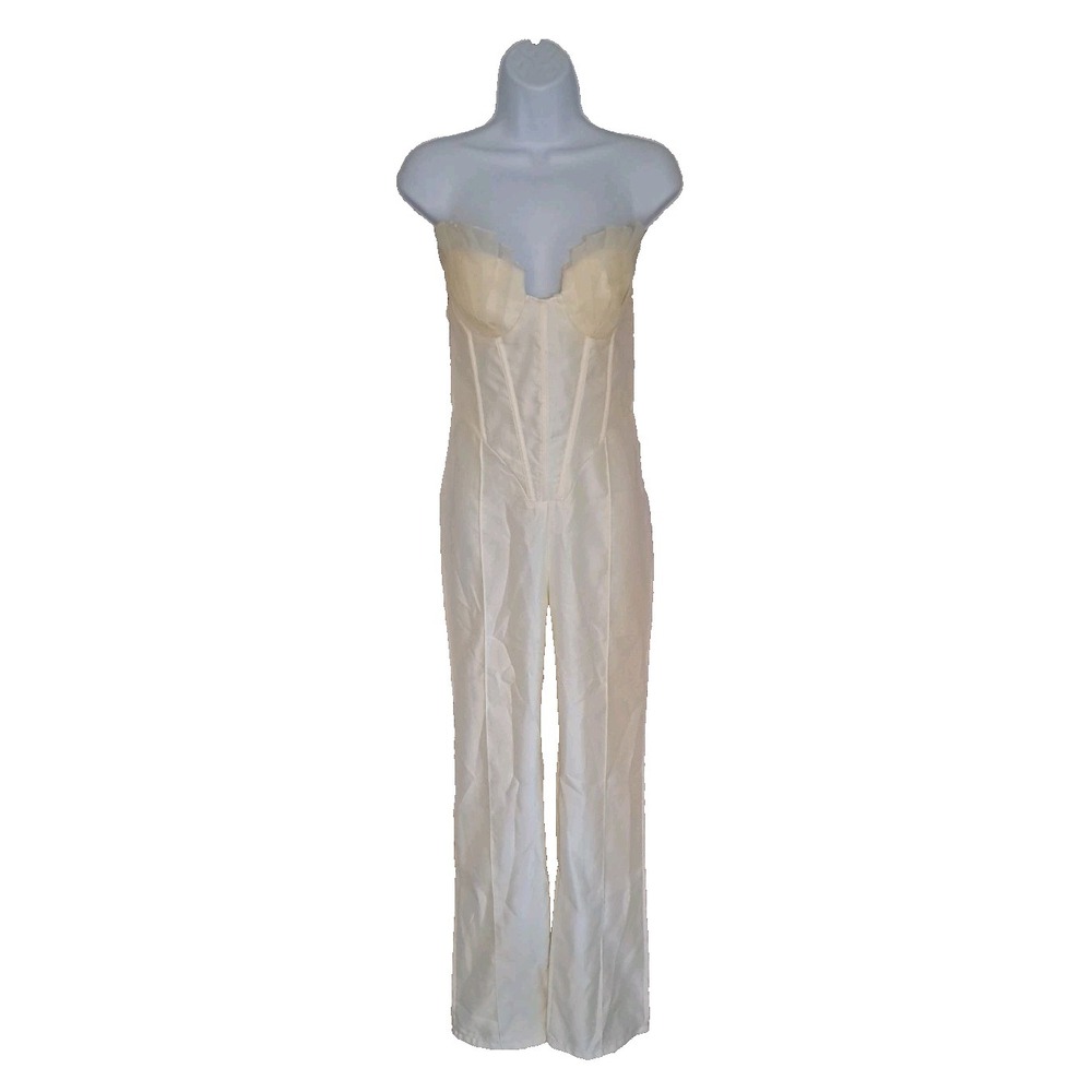 PrettyLittleThing Jumpsuit Size 6 Cream Satin Bandeau Corset Coquette Zip NWT - Picture 2 of 9